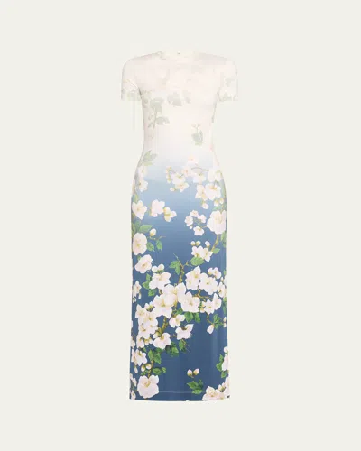 Oscar De La Renta Short-sleeve Cherry Blossom Jersey Ankle Dress