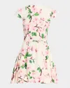 Oscar De La Renta Short-sleeve Cherry Blossom Poplin Mini Dress With Belt