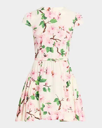 Oscar De La Renta Short-sleeve Cherry Blossom Poplin Mini Dress With Belt