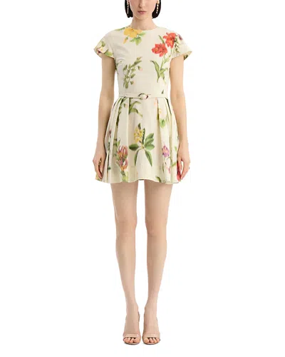 Oscar De La Renta Short Sleeve Chine Floral Poplin Day Dress In Multi