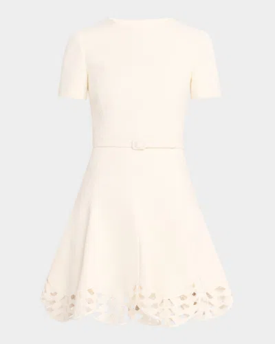 Oscar De La Renta Short-sleeve Cutout-hem Tweed Mini Dress With Belt In White