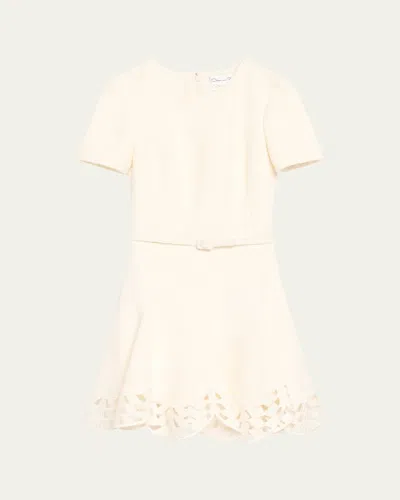 OSCAR DE LA RENTA SHORT-SLEEVE CUTOUT-HEM TWEED MINI DRESS WITH BELT