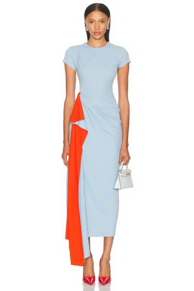 Oscar De La Renta Short Sleeve Draped Dress In Blue