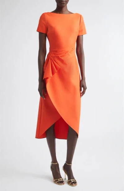 Oscar De La Renta Short Sleeve Draped Waist Stretch Virgin Wool Blend Day Dress In Orange