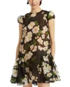 Oscar De La Renta Short Sleeve Drop Waist Cherry Blossom Cloque Dress