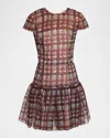 Oscar De La Renta Short-sleeve Drop-waist Plaid Dress In Brown