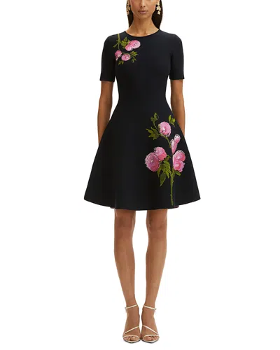 Oscar De La Renta Short Sleeve English Rose Mini Dress In Navy/pink