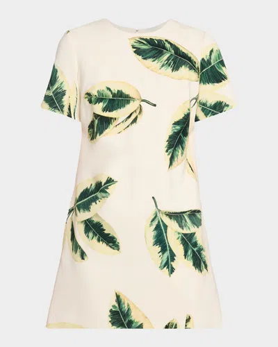 Oscar De La Renta Short-sleeve Ficus Leaves-print Mini Shift Dress In Neutral