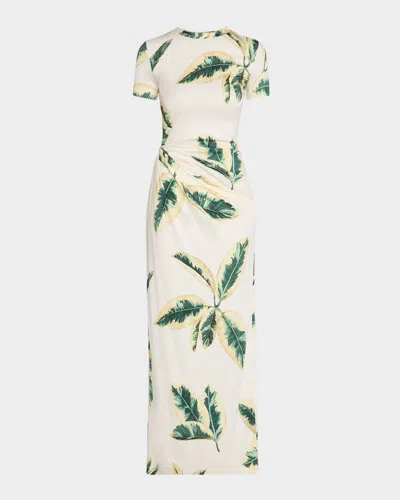 Oscar De La Renta Short-sleeve Ficus-print Draped Maxi Dress In White