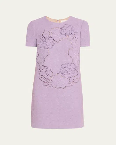 Oscar De La Renta Short-sleeve Floral Embroidered Tweed Mini Dress In Thistle
