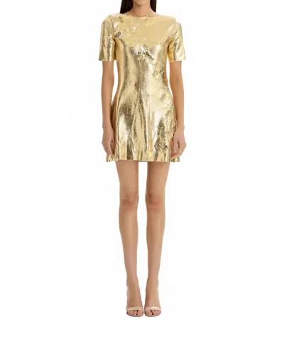 Oscar De La Renta Short Sleeve Foil Lace Embroidered Knit Dress In Gold