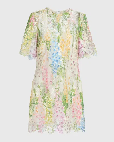 Oscar De La Renta Short-sleeve Foxglove-print Lace Mini Dress In Multi