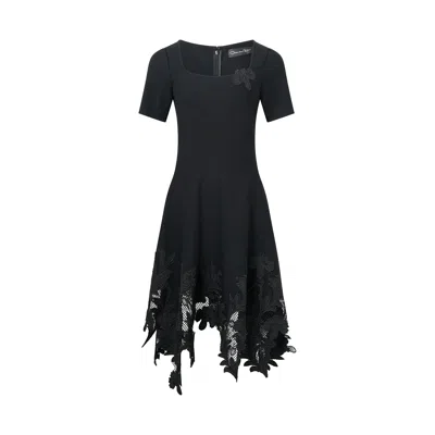 Oscar De La Renta Short Sleeve Marbled Carnation Dress In Black