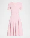Oscar De La Renta Short-sleeve Metallic Check Tweed Flare Dress With Belt In Pinkwhite