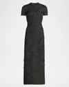 Oscar De La Renta Short-sleeve Metallic Feather Jacquard Maxi Dress In Black