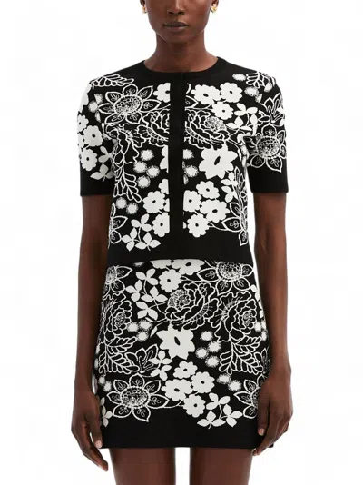Oscar De La Renta Mixed Botanical Jacquard Cardigan In Black/white