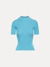 Oscar De La Renta Short Sleeve Mock Neck Ribbed Pullover In Blue