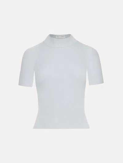 Oscar De La Renta Short Sleeve Mock Neck Ribbed Pullover In Blue