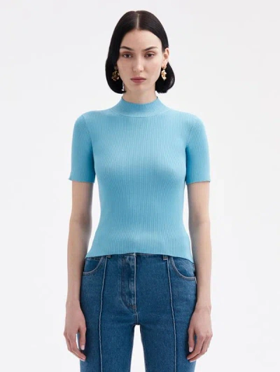 Oscar De La Renta Short Sleeve Mock Neck Ribbed Pullover In Blue