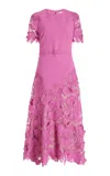Oscar De La Renta Short Sleeve Orchid Guipure Inset Dress With Self Belt In Pink