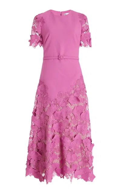 Oscar De La Renta Short Sleeve Orchid Guipure Inset Dress With Self Belt In Pink