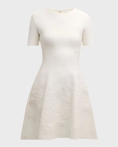 Oscar De La Renta Short-sleeve Orchid Jacquard Fit-&-flare Mini Dress In Ivory