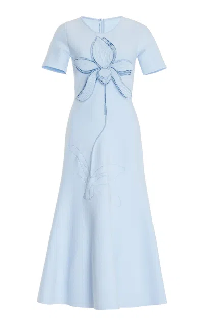 Oscar De La Renta Orchid Embroidered Jacquard Midi Dress In Powder Blue