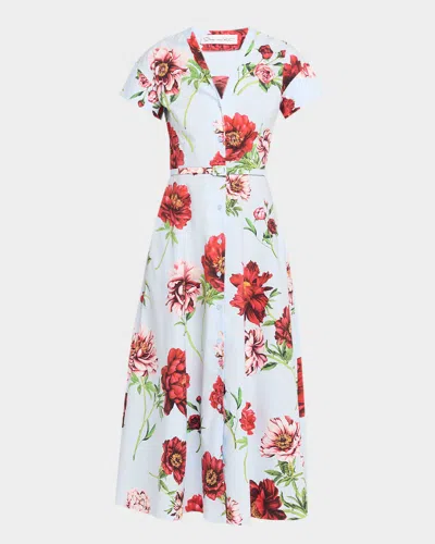 OSCAR DE LA RENTA SHORT-SLEEVE PEONY-PRINTED TEA-LENGTH DRESS