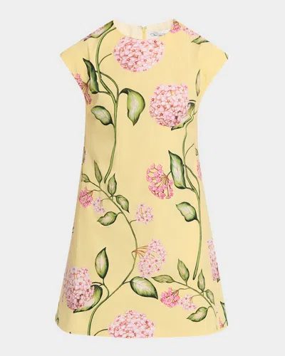 Oscar De La Renta Short-sleeve Porcelain Flowers Embroidered Midi Dress In Yellow