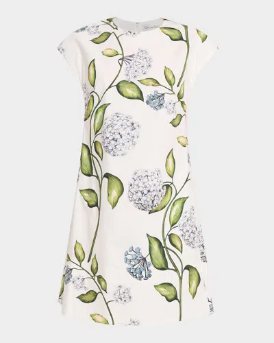 Oscar De La Renta Short-sleeve Porcelain Flowers Embroidered Midi Dress In White