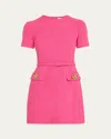 Oscar De La Renta Short-sleeve Rose-button Tweed Mini Day Dress With Belt In Bright Pink