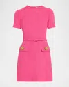 Oscar De La Renta Short-sleeve Rose-button Tweed Mini Day Dress With Belt In Bright Pink