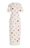 Oscar De La Renta Short Sleeve Sequin Rose Embroidered Tweed Dress In Ivory
