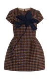 Oscar De La Renta Short Sleeve  Small Check Tweed Embroidered Dress In Cognac/navy