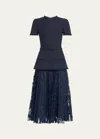 Oscar De La Renta Short-sleeve Tweed And Guipure Skirt Midi Dress With Self Belt In Navy