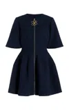 Oscar De La Renta Short Sleeve  Zip Front Cotton Wool Tweed Dress In Navy