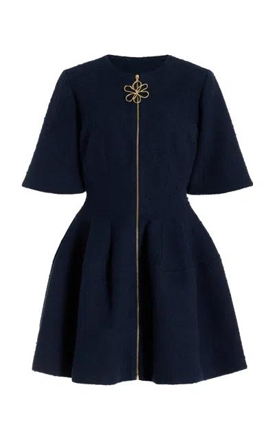 Oscar De La Renta Short Sleeve  Zip Front Cotton Wool Tweed Dress In Navy