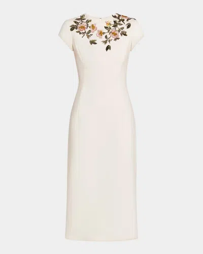 Oscar De La Renta Short-sleeve Beaded Sheath Midi Dress In Rosebud