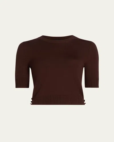 Oscar De La Renta Short-sleeve Button-side Crewneck Sweater In Brown