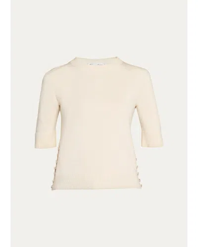Oscar De La Renta Short-sleeve Button-side Crewneck Sweater In Ivory