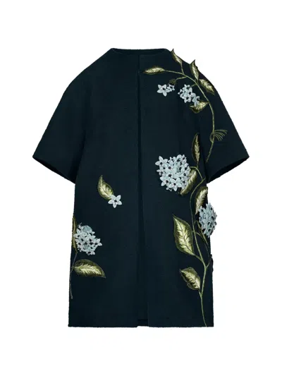 Oscar De La Renta Embellished Embroidered Cotton-blend Tweed Coat In Blue