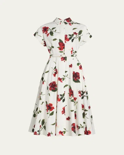 Oscar De La Renta Short-sleeve Hibiscus Cotton Poplin Midi Shirtdress With Belt In Multi