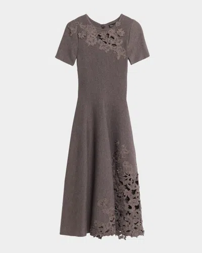 Oscar De La Renta Short-sleeve Lace-inset Wool Knit Midi Dress In Purple