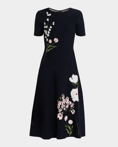 Oscar De La Renta Short-sleeve Multi Floral Knit Midi Dress In Navy
