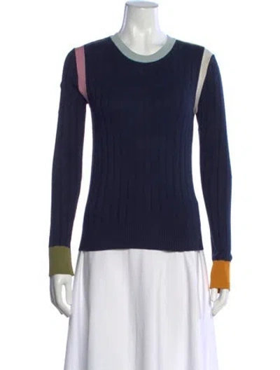 Pre-owned Oscar De La Renta Silk Colorblock Pattern Sweater In Blue