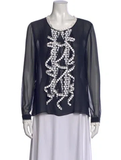 Pre-owned Oscar De La Renta Silk Crew Neck Blouse In Blue