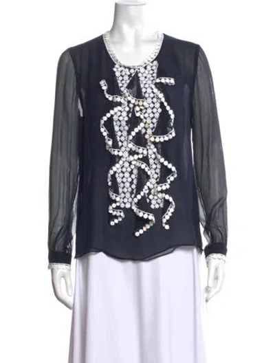 Pre-owned Oscar De La Renta Silk Crew Neck Blouse In Blue
