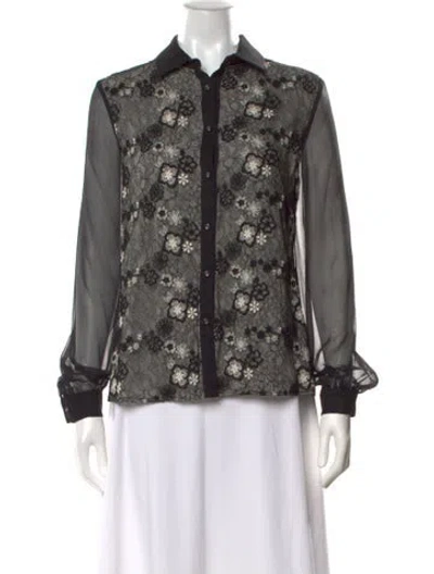 Pre-owned Oscar De La Renta Silk Floral Print Blouse In Black