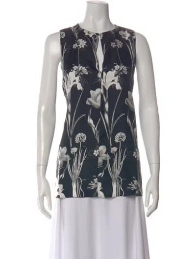 Pre-owned Oscar De La Renta Silk Floral Print Blouse In Blue