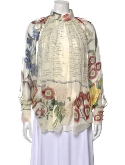 Pre-owned Oscar De La Renta Silk Floral Print Blouse In Neutrals